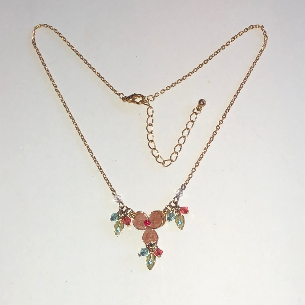 Gold Tone Multi-Color Floral Crystal Drop Pendant Necklace - Picture 2 of 4